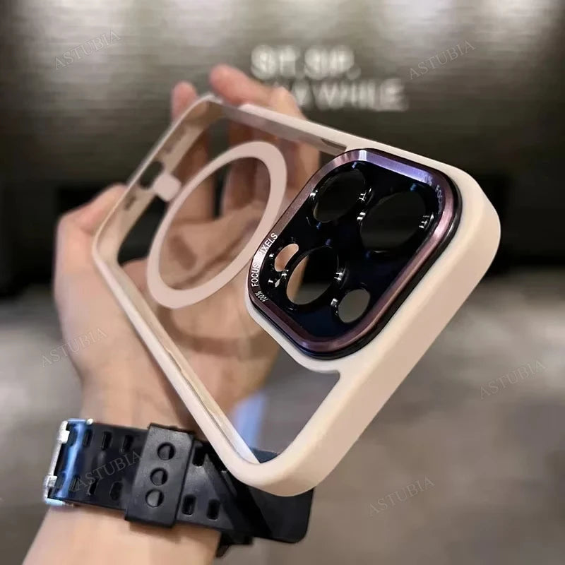 Luxury Magnetic Metal Lens Bumper Protection Case for Iphone 16 15 14 13 12 11 Pro Max 16 plus Wireless Charge Hard Clear Cover