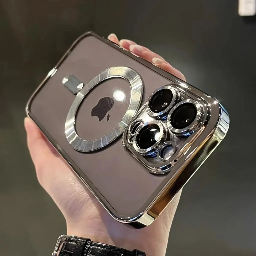 Luxury Plating Magnetic Wireless Charge Clear Case for Iphone 15 14 13 12 11 Pro Max 14 plus Magsafe Lens Protector Soft Cover
