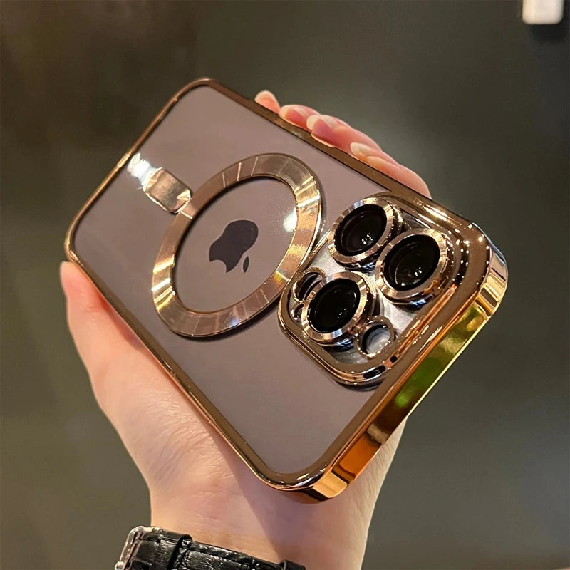 Luxury Plating Magnetic Wireless Charge Clear Case for Iphone 15 14 13 12 11 Pro Max 14 plus Magsafe Lens Protector Soft Cover
