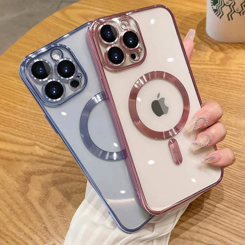 Luxury Plating Magnetic Wireless Charge Clear Case for Iphone 15 14 13 12 11 Pro Max 14 plus Magsafe Lens Protector Soft Cover