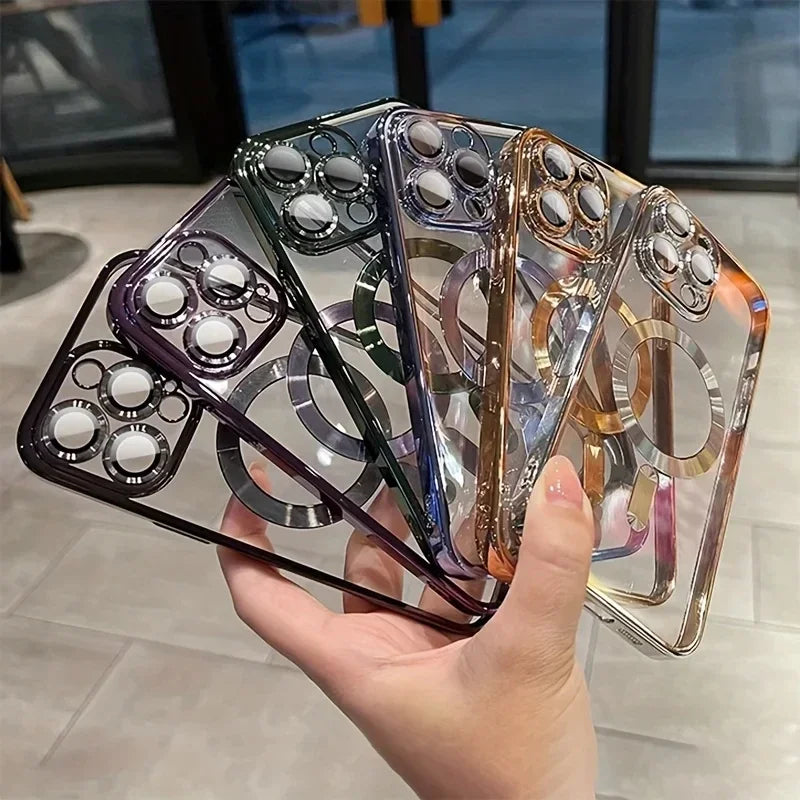 Luxury Plating Magnetic Wireless Charge Clear Case for Iphone 15 14 13 12 11 Pro Max 14 plus Magsafe Lens Protector Soft Cover