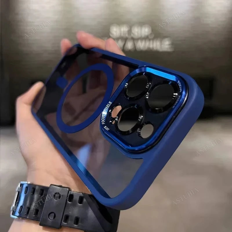 Luxury Magnetic Metal Lens Bumper Protection Case for Iphone 16 15 14 13 12 11 Pro Max 16 plus Wireless Charge Hard Clear Cover