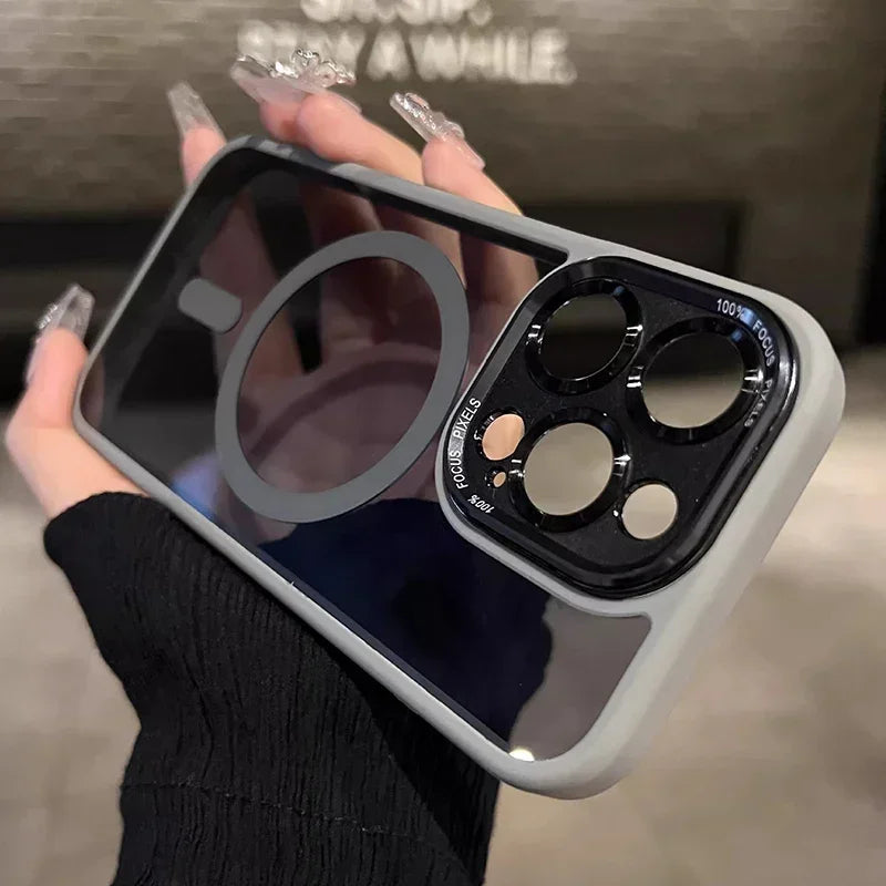 Luxury Magnetic Metal Lens Bumper Protection Case for Iphone 16 15 14 13 12 11 Pro Max 16 plus Wireless Charge Hard Clear Cover