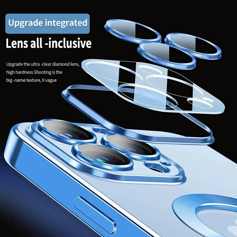 Luxury Plating Magnetic Wireless Charge Clear Case for Iphone 15 14 13 12 11 Pro Max 14 plus Magsafe Lens Protector Soft Cover