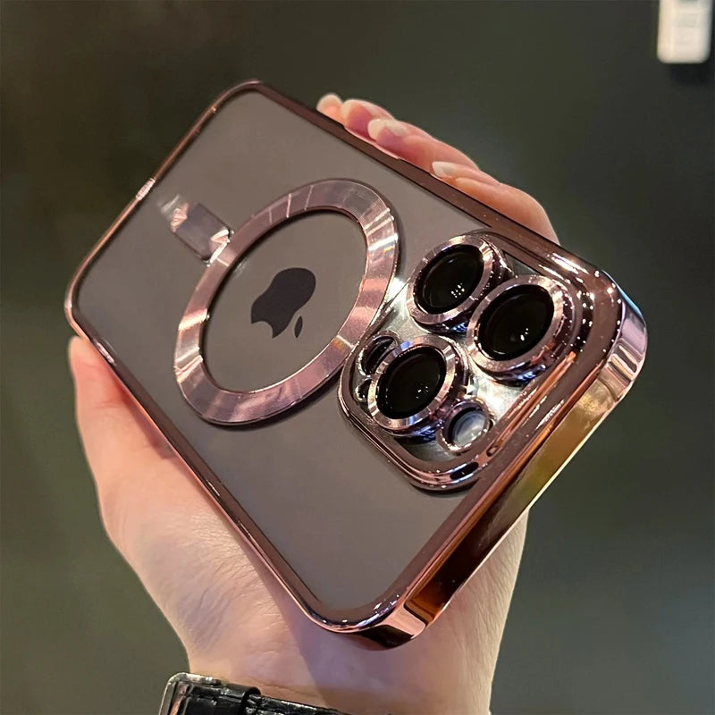 Luxury Plating Magnetic Wireless Charge Clear Case for Iphone 15 14 13 12 11 Pro Max 14 plus Magsafe Lens Protector Soft Cover