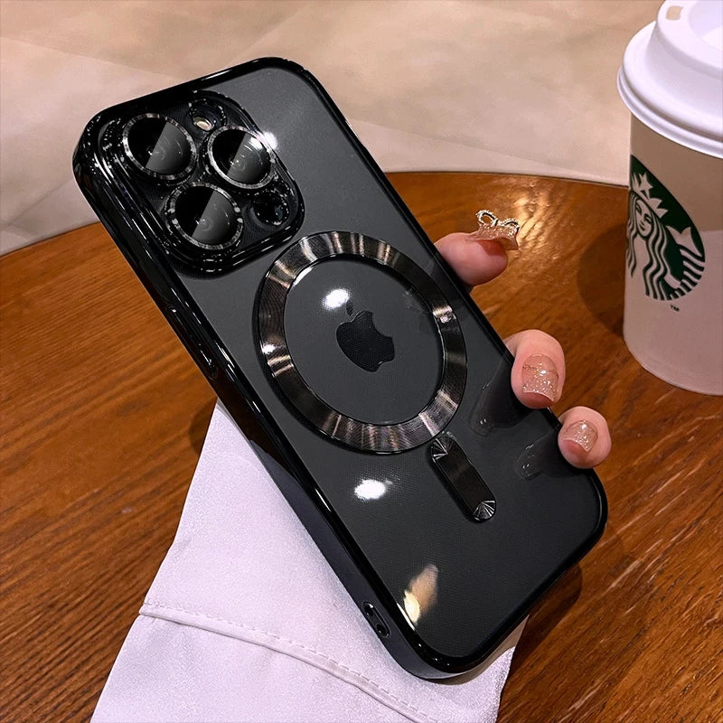 Luxury Plating Magnetic Wireless Charge Clear Case for Iphone 15 14 13 12 11 Pro Max 14 plus Magsafe Lens Protector Soft Cover