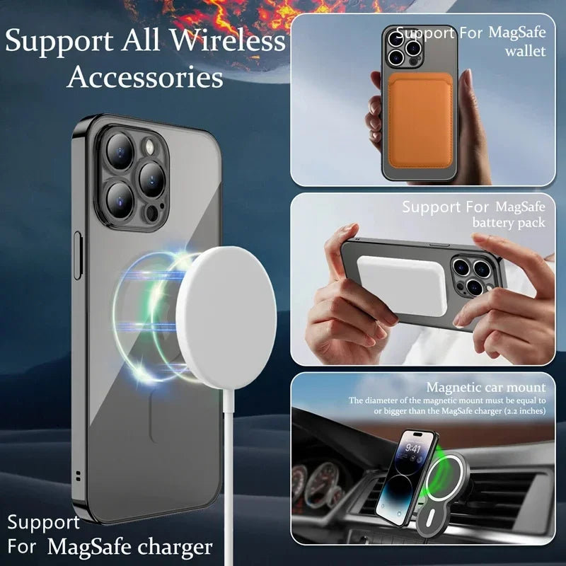 Luxury Plating Magnetic Wireless Charge Clear Case for Iphone 15 14 13 12 11 Pro Max 14 plus Magsafe Lens Protector Soft Cover